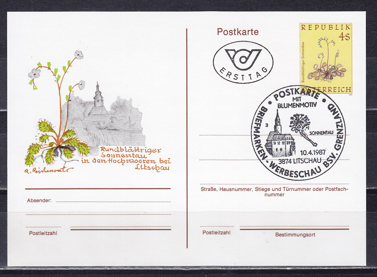 Австрия, 1987, Росянка круглолистная. Почтовая карточка с ОМ с гашением