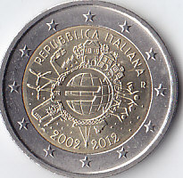 Италия, 2012, 10 лет наличному евро. 2 евро