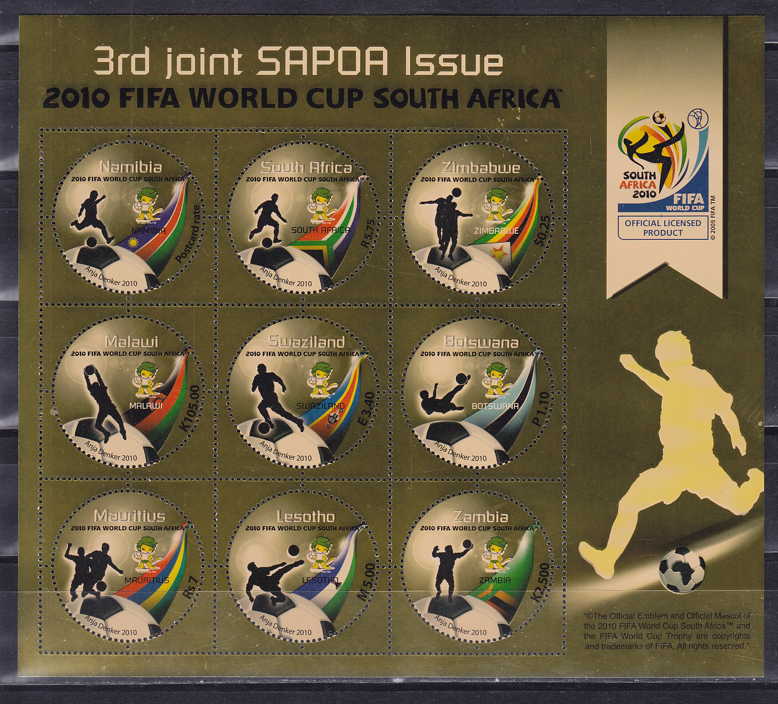2010, ЧМ в ЮАР. SAPOA - 9 стран. Коллективный лист на золотой фольге