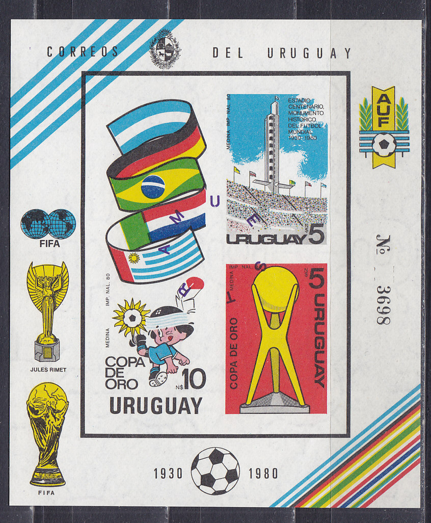 Уругвай, 1980, 50 лет победе на ЧМ по футболу. Блок без зубцов. № 50