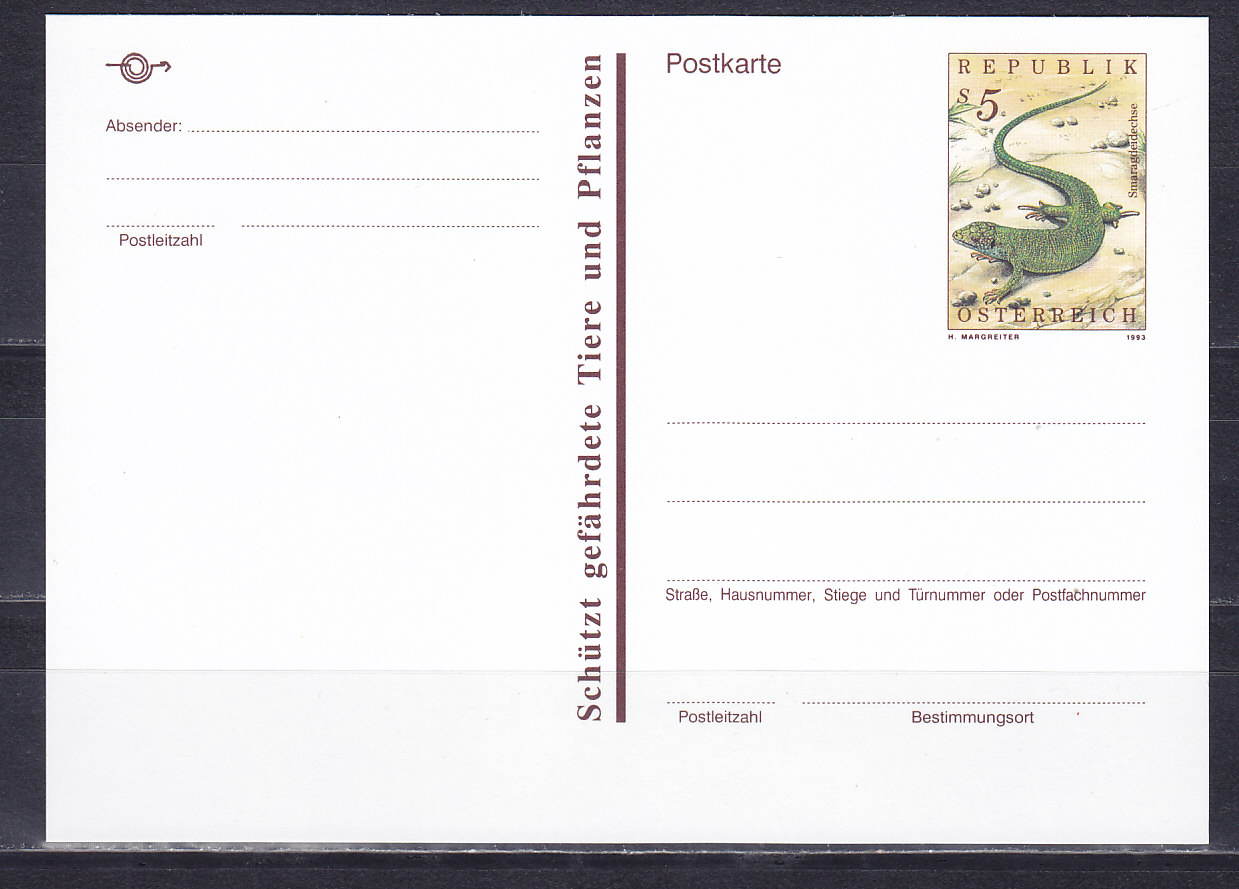 Австрия, 1993, Ящерица. Карточка с оригинальной маркой