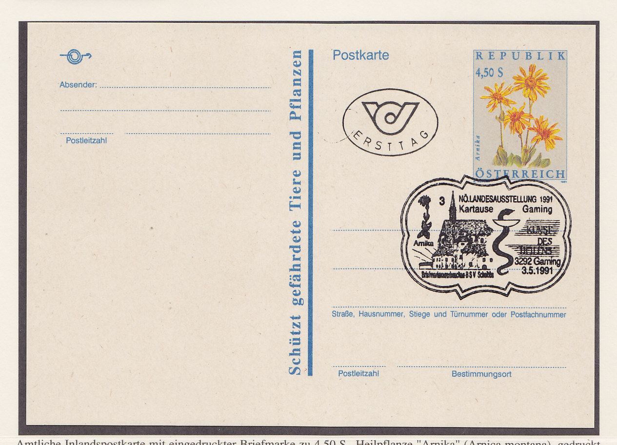 Австрия, 1991, Арника горная. Карточка с оригинальной маркой с гашением