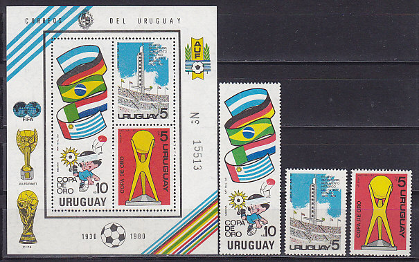 Уругвай, 1980, 50 лет Победы на Чемпионате мира по футболу. 3 марки и блок. № 1605-1607