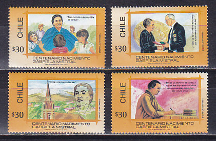 Чили, 1989, 100 лет со дня рождения Г.Мистраль, лауреата Нобелевской премии по литературе. 4 марки. № 1291-1294